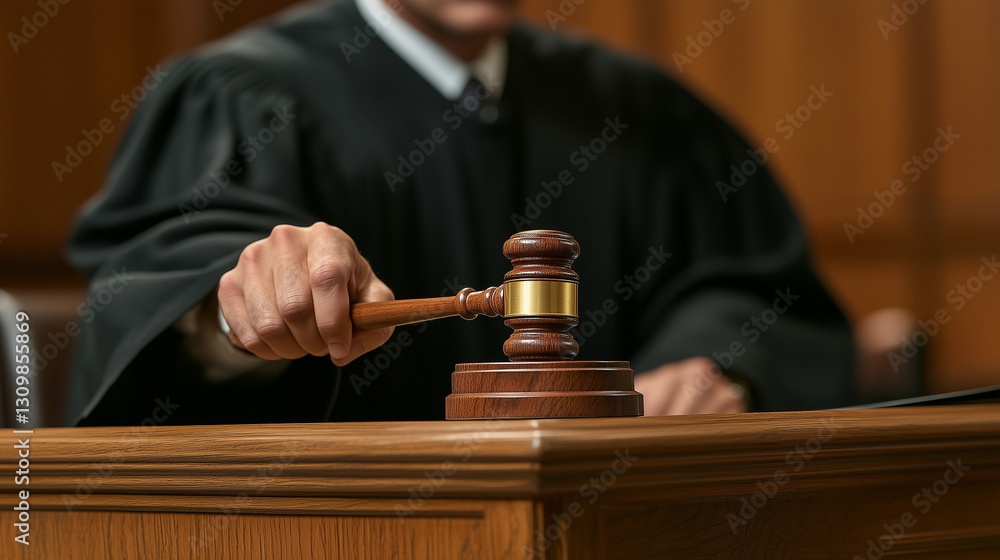 Judge holding gavel and delivering verdict in court setting, photo for thematic fleas, articles about law, expert veterinary witness